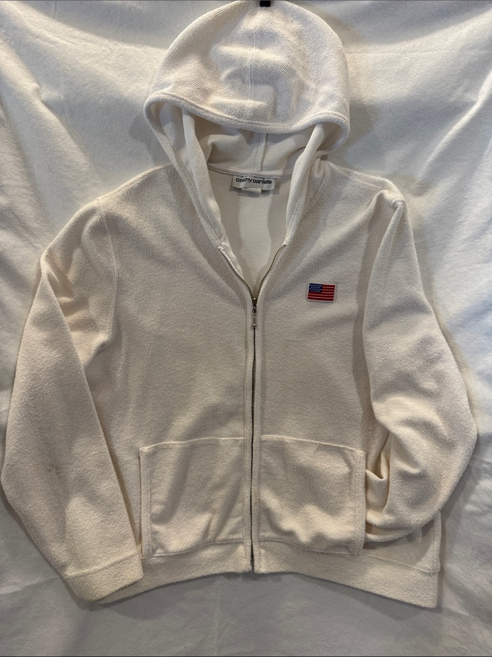 Cathy Daniels Cozy White Women’s Zip-Up Hoodie with American Flag Patch